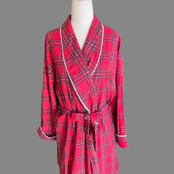 Lanz of Salzburg Red Plaid Tartan Flannel Womens Robe Tie Belt Lace Large - Picture 3 of 10